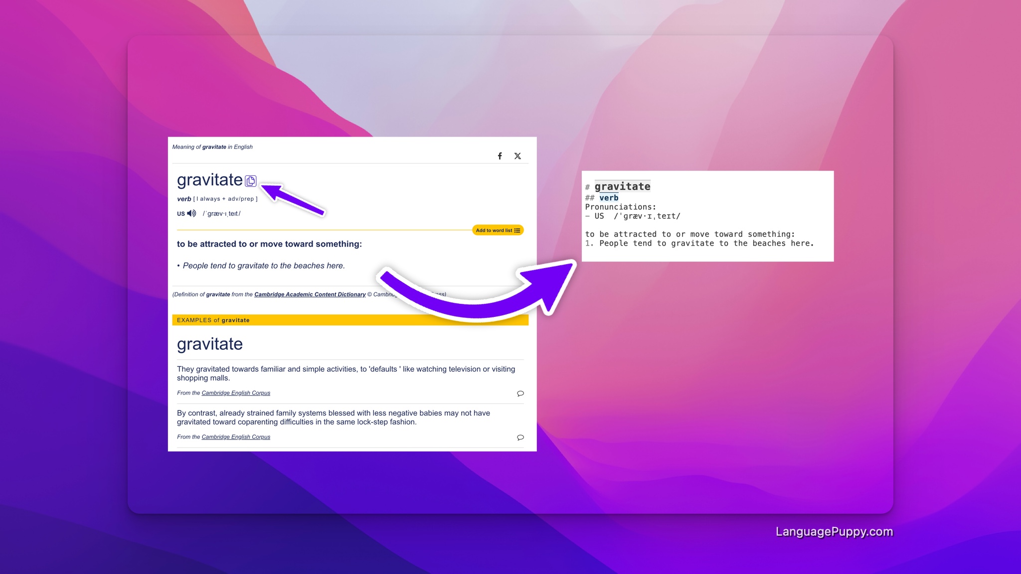 Copying and pasting on Cambridge Dictionary